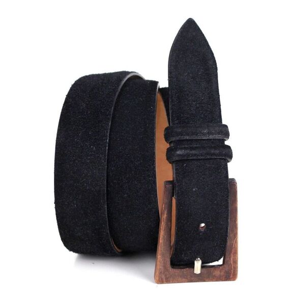 Claudio Orciani BLACK SUEDE LEATHER 1"Wd WOOD BUCKLE DRESS BELT Sz L/34 (E50 - Picture 1 of 15